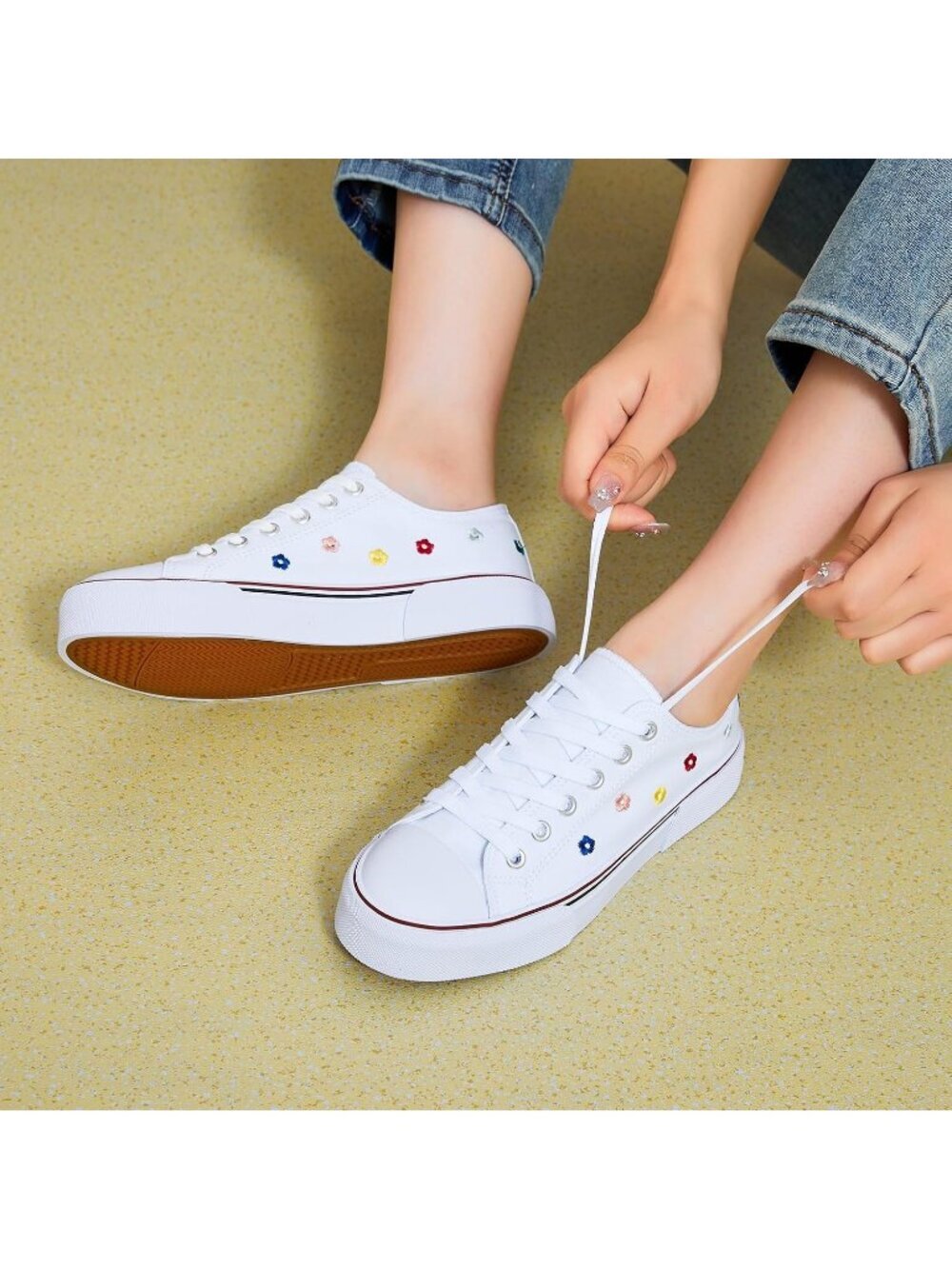 Women's White Embroidery Low Top Canvas Slip on Casual Tennis Fashion Sneaker - Picture 3 of 6